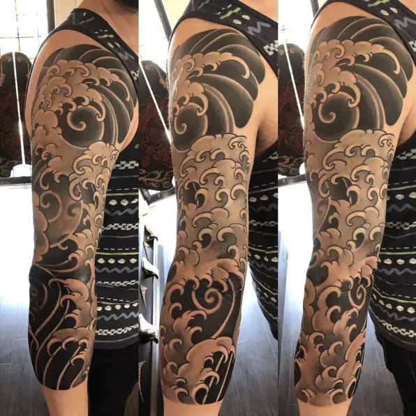 Black Work Japanese Water Fullsleeve Arm Tattoo