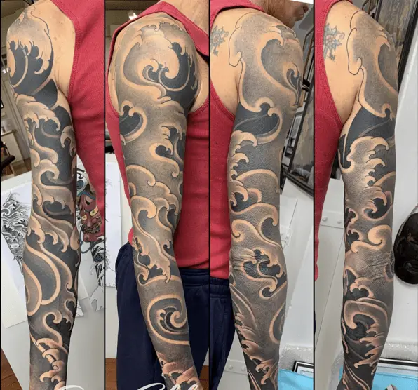 Black And Grey Japanese Water Fullsleeve Arm Tattoo