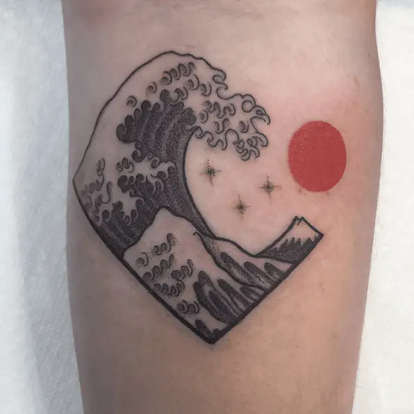 The Great Wave, Red Moon, and Stars Arm Tattoo