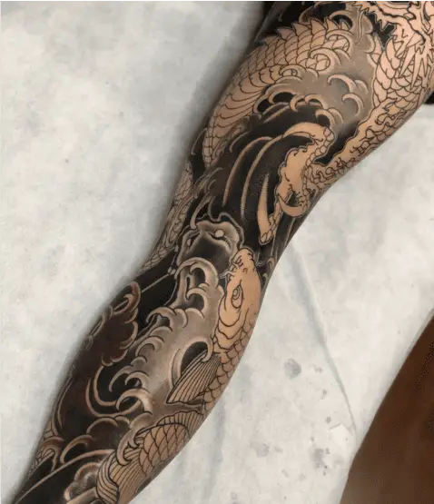 Black Work Japanese Water Dragon Fullsleeve Leg Tattoo