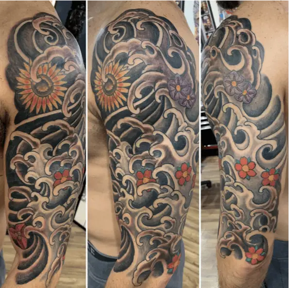Traditional Japanese Water With Flowers Arm Sleeve Tattoo