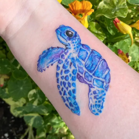 Blue Ink Sea Turtle Watercolor Tattoo