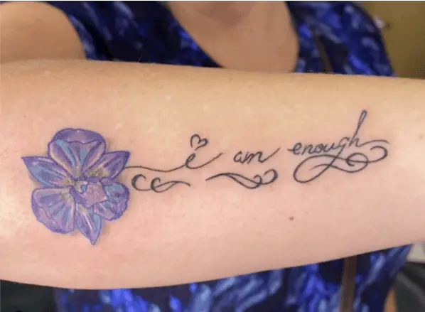 Decorative I am Enough With Violet Flower Head Arm Tattoo