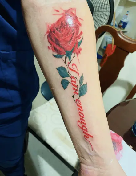 Red Cursive I am Enough With Rose Arm Tattoo