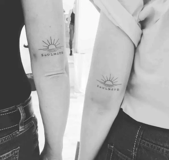Couple Soulmate Tattoo with Fine Line Sun