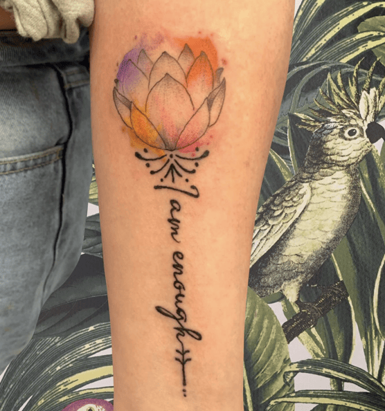 Decorative I am Enough With Watercolor Lotus Arm Tattoo