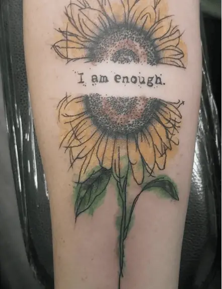 I am Enough With Watercolor Sunflower Arm Tattoo