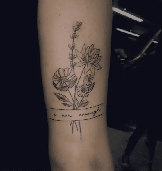 Fine Line Cursive I am Enough With Flowers Arm Tattoo