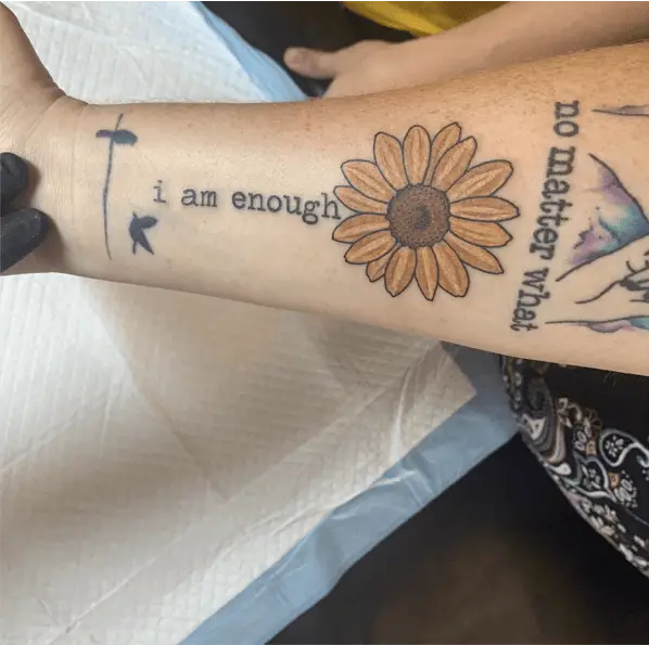 I am Enough With Colored Sunflower Head Arm Tattoo