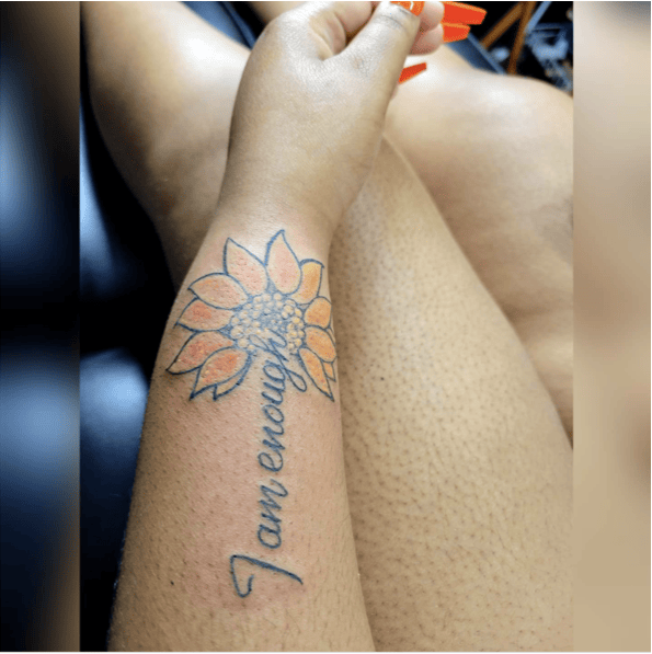 Art Lettering I am Enough With Flower Head Arm Tattoo