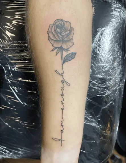 Continuous Line I am Enough With Rose Arm Tattoo