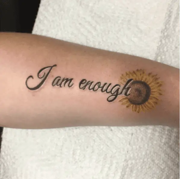 Colored Cursive I am Enough With Sunflower Head Arm Tattoo