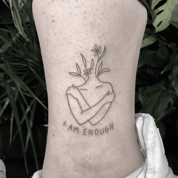 I am Enough With Line Art Floral Woman Ankle Tattoo