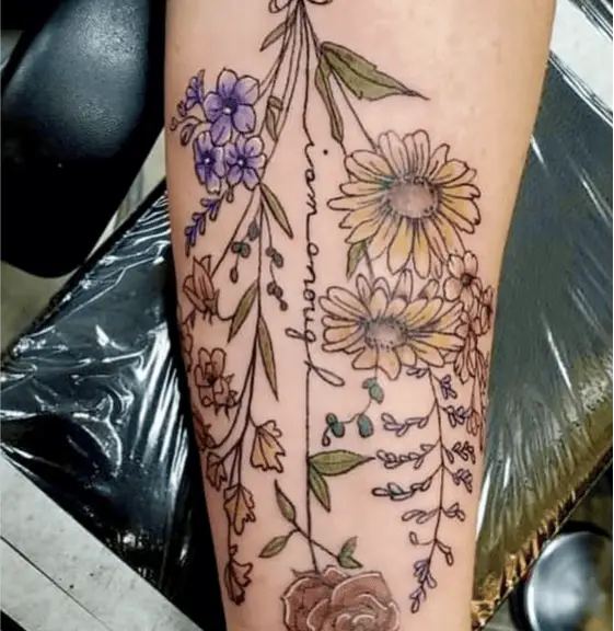 Colored I am Enough Blended With Flowers Arm Tattoo
