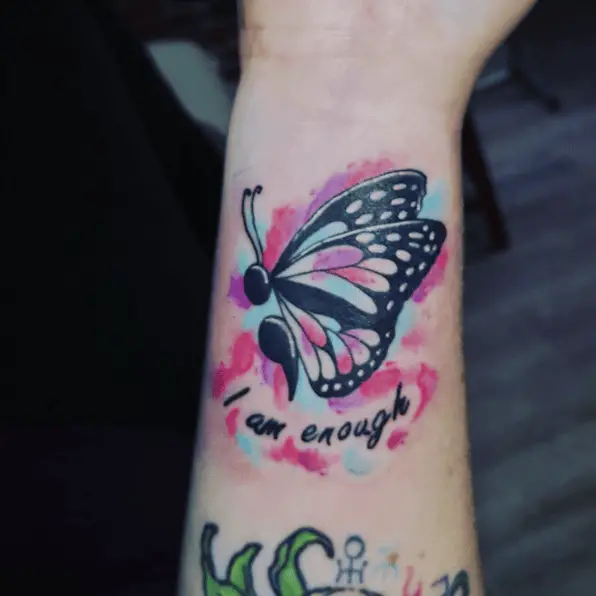 Colored I am Enough With Side Semi Colon Butterfly Wrist Tattoo