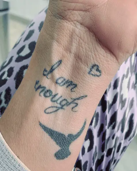 I am Enough With Birds and Heart Wrist Tattoo