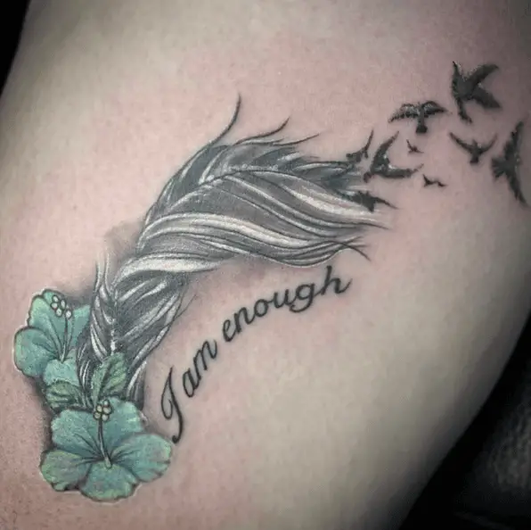 Colored I am Enough With Birds and Floral Feather Tattoo