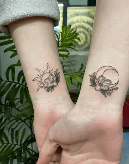 Florals Sun and Moon Wrist Tattoo