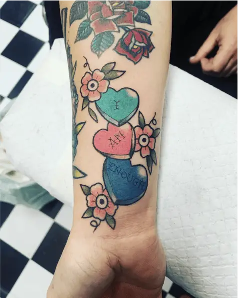 Colored I am Enough in Hearts With Traditional Flowers Arm Tattoo