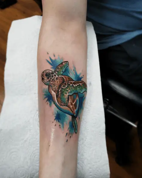 Sea Turtle with Water Splashes Tattoo