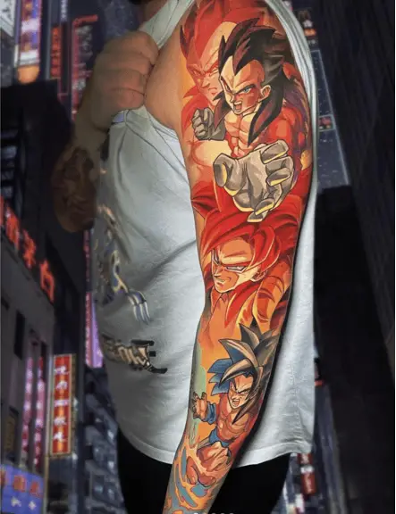 Colored Illustration of Vegeta, Gohan, and Goku in Fighting Pose Full Sleeve Arm Tattoo