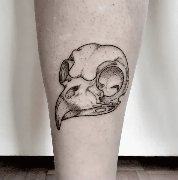 Greyscale Owl Skull Head Leg Tattoo
