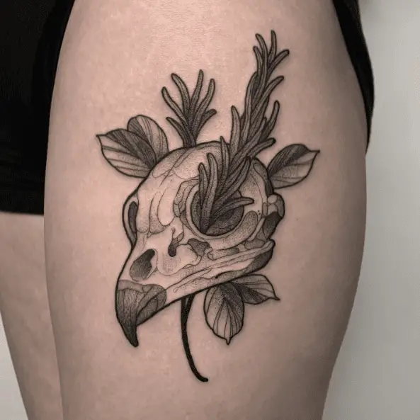 Owl Skull Head with Leaves Thigh Tattoo
