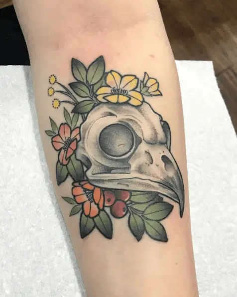 Owl Skull Head with Colored Florals Tattoo