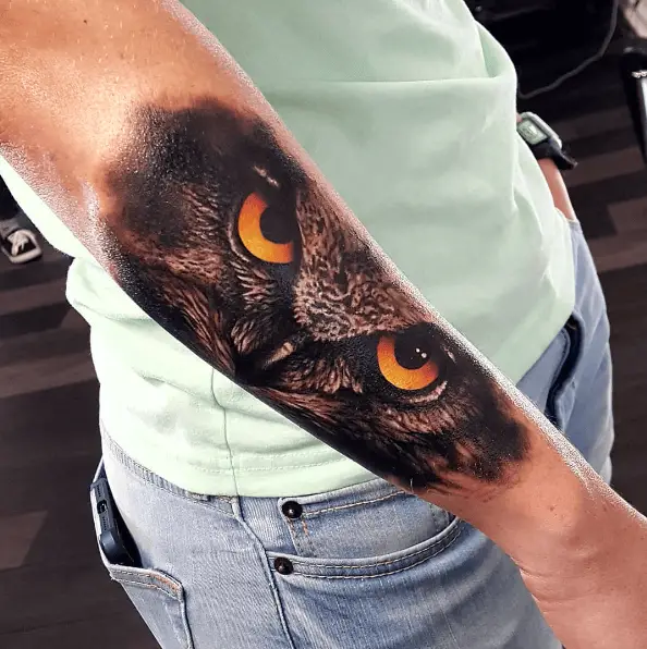 Realistic Owl Eyes Forearm Tattoo