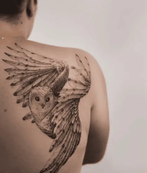 Opened Wings Barn Owl Back Tattoo