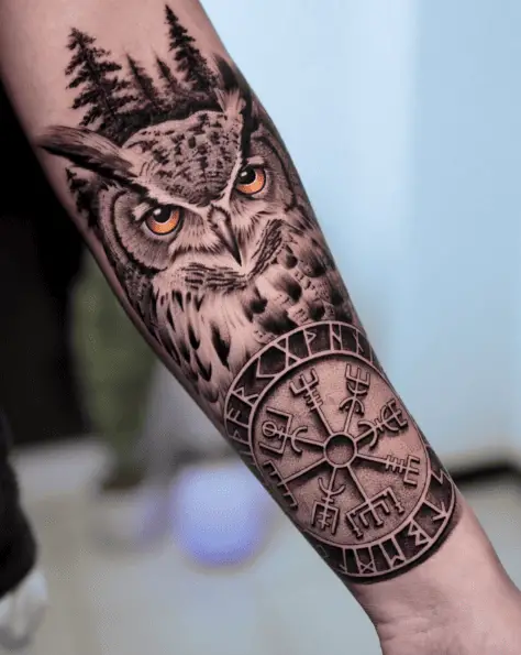 Tiger Owl with Tribal Design Forearm Tattoo