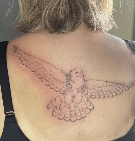 Open Winged Snowy Owl Back Tattoo