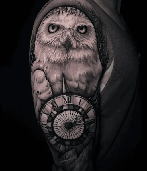 Snowy Owl with Clock Arm Tattoo