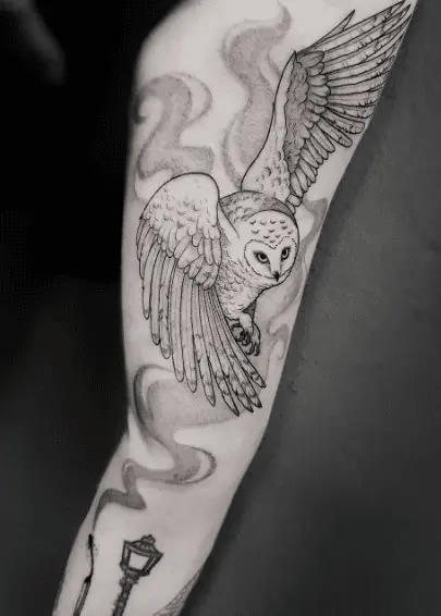 Snowy Owl Emerging In Front of Smoke Tattoo