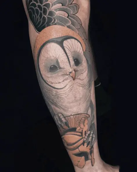 White and Black Little Owl Tattoo