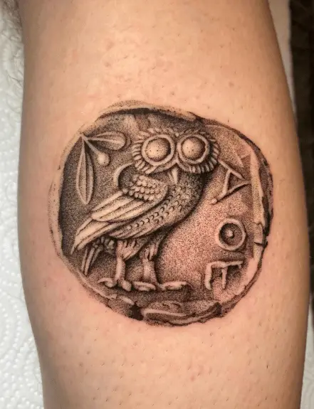 Greyscale Owl Of Athena Tattoo
