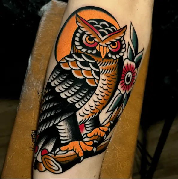 Multicolored Traditional Owl Tattoo
