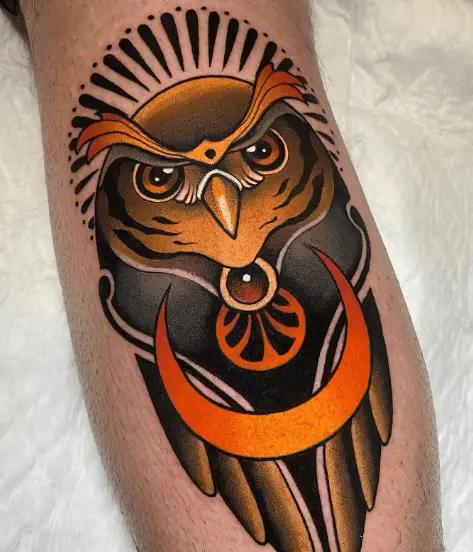 Black and Orange Traditional Owl with Moon Tattoo