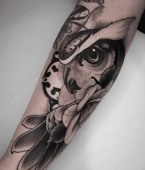 Greyscale Owl with Feathers Tattoo