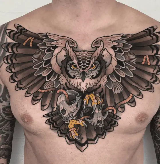 Brown Colored Owl Chest Tattoo