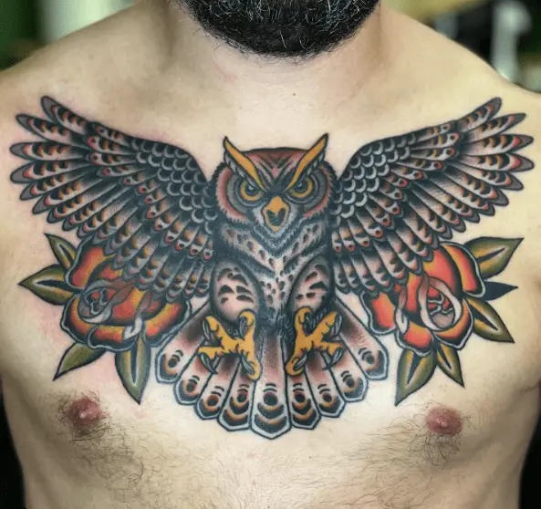 Traditional Owl with Florals Chest Tattoo