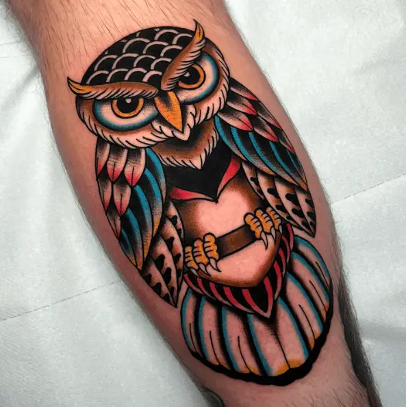 Multicolored Traditional Owl Tattoo