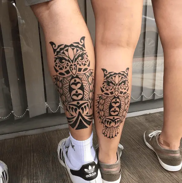 Tribal Polynesian Style Owl Tattoo for Couple