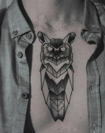 Greyscale Geometric Owl Chest Tattoo