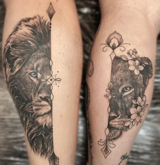 Matching Lion and Lioness Tattoo with Florals