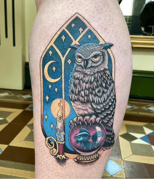 Mystical Owl with Crystal Decorative Ball and Burnt Candle Tattoo