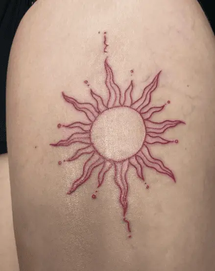Red Ink Sun Thigh Tattoo