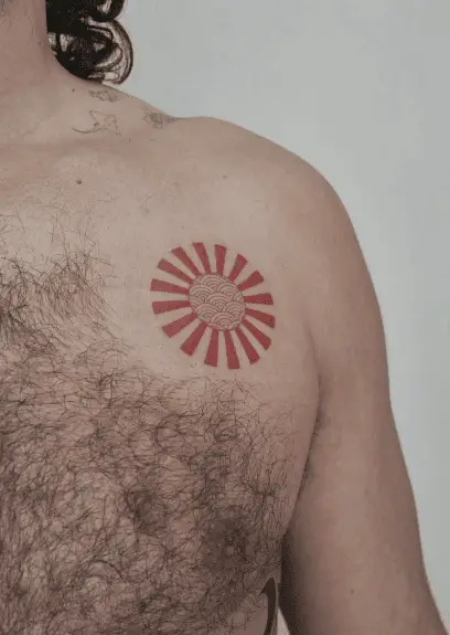 Lined Red Ink Sun Chest Tattoo