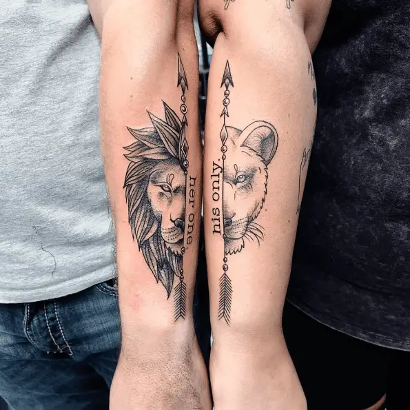 Lion and Lioness Face with Arrow and Lettering Tattoo