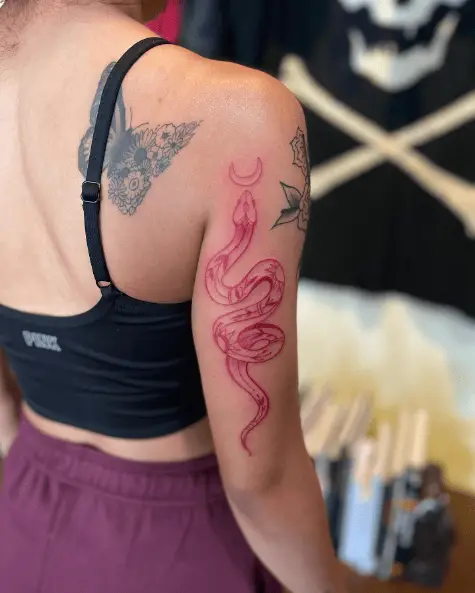 Red Ink Snake with Half Moon Arm Tattoo